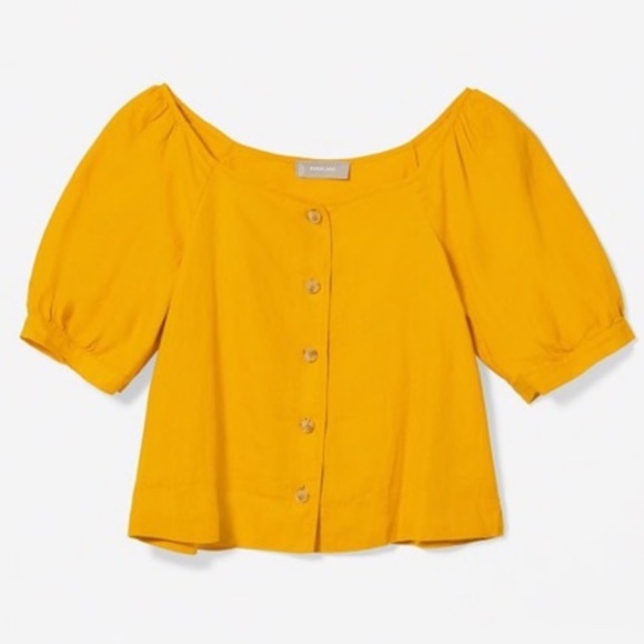 Everlane Linen Button Puff Sleeve Square Neckline Top in Sunny Orange - Picture 4 of 10